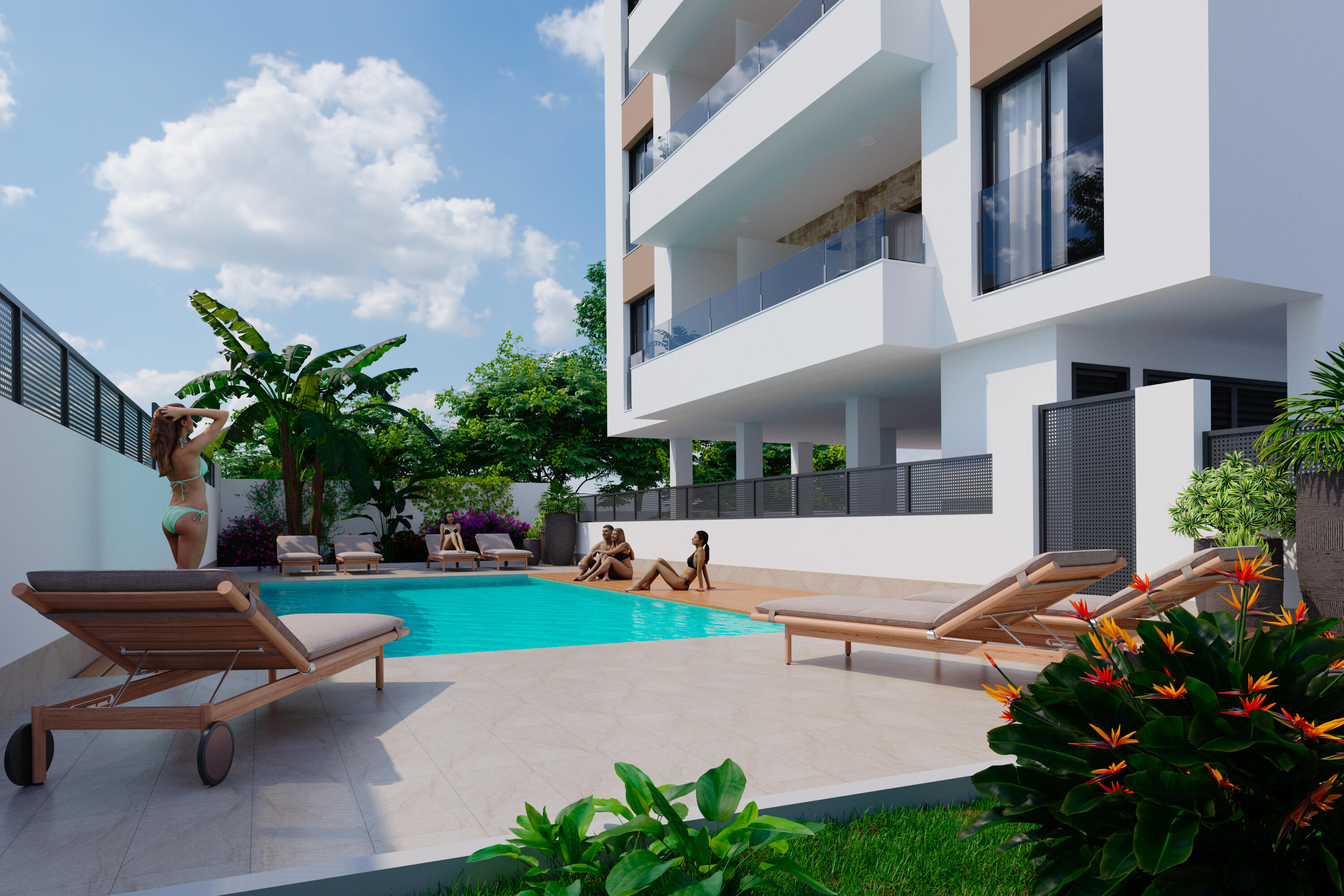 Muetsra de las zonas comunes del residencial, muestra la fachada, piscina y jardin