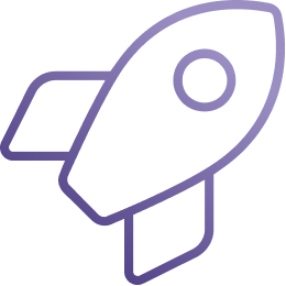 Simple purple rocket icon with circular window and two fins.