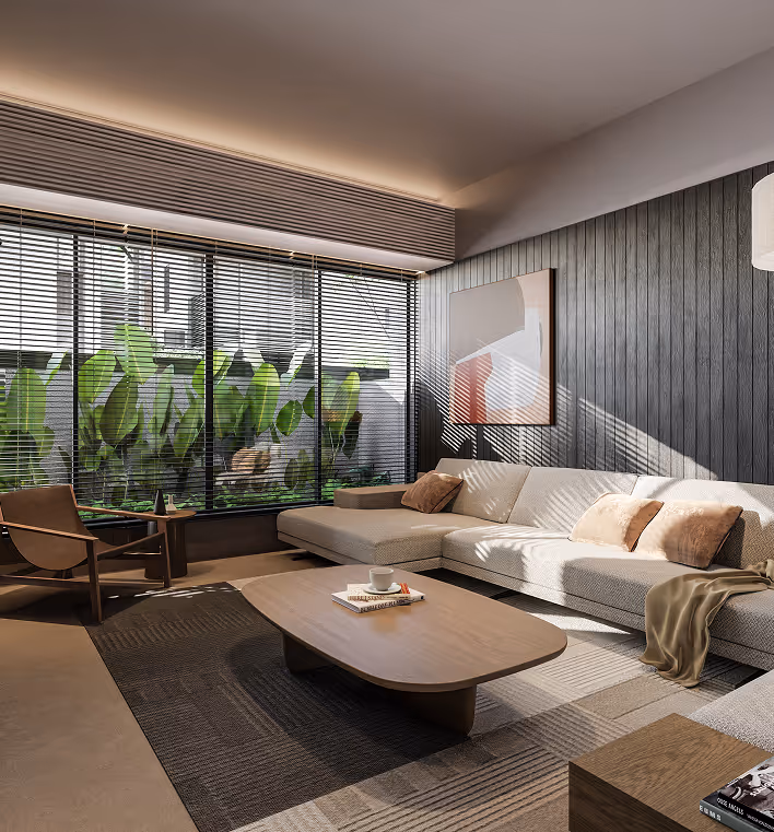 Modern living room with beige sectional sofa, wooden coffee table, armchair, and large window with blinds and plants outside.