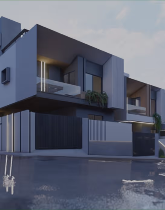 Modern two-story house with large windows, balconies, and dark paneling reflected on wet pavement.