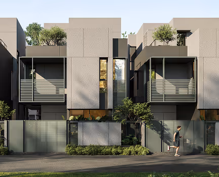 Modern townhouse with large windows, greenery on balconies, and person jogging on sidewalk.