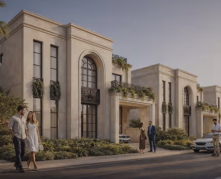 Modern luxury building with tall arched windows, greenery, and people standing and walking nearby.
