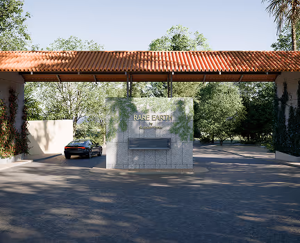 Entrance gate with tiled roof and sign reading 'RARE EARTH' surrounded by trees and a parked car.