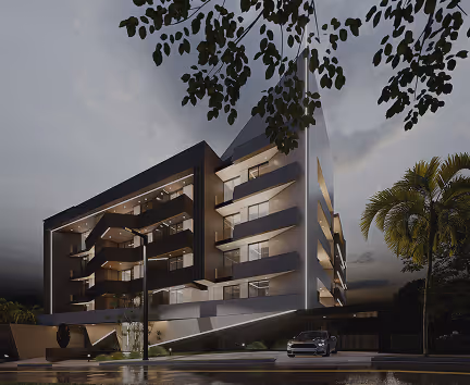Modern multi-story building with illuminated balconies at dusk, surrounded by trees and a parked car.