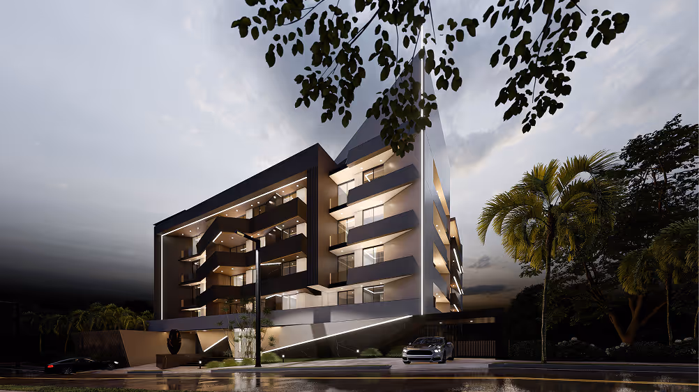 Modern townhouse row with balconies, wood accents, palm trees, and landscaped greenery along a street.
