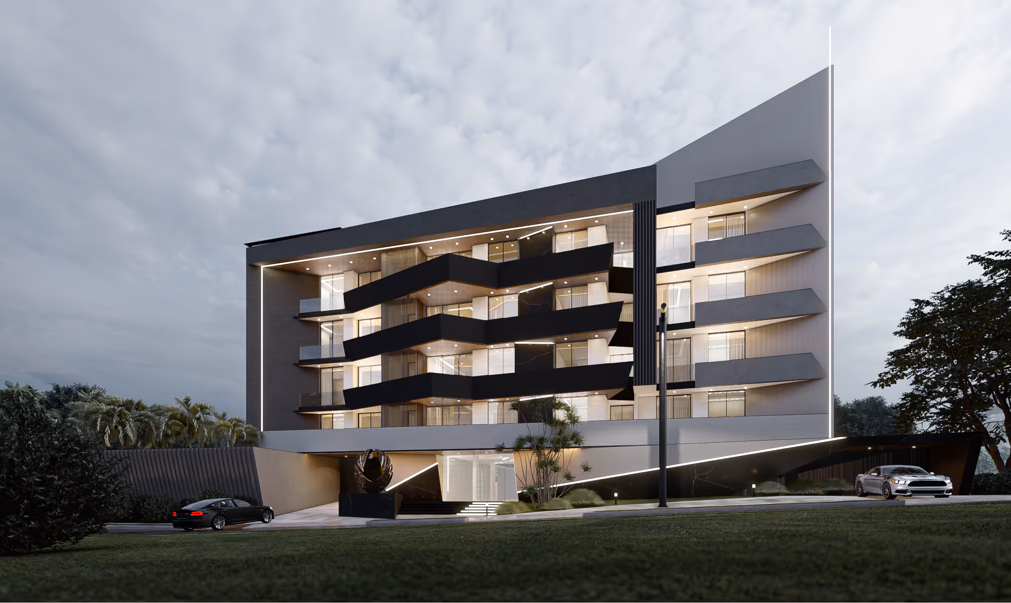 Modern multi-story building with black zigzag balconies, lit interior, and two cars nearby at dusk.