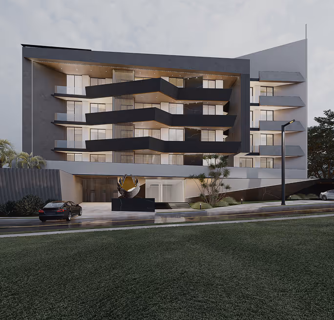Street view of modern white residential buildings with balconies and greenery on both sides.