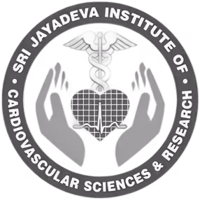 Emblem with hands holding a heart with a medical caduceus and heartbeat graph, Sri Jayadeva Institute text.