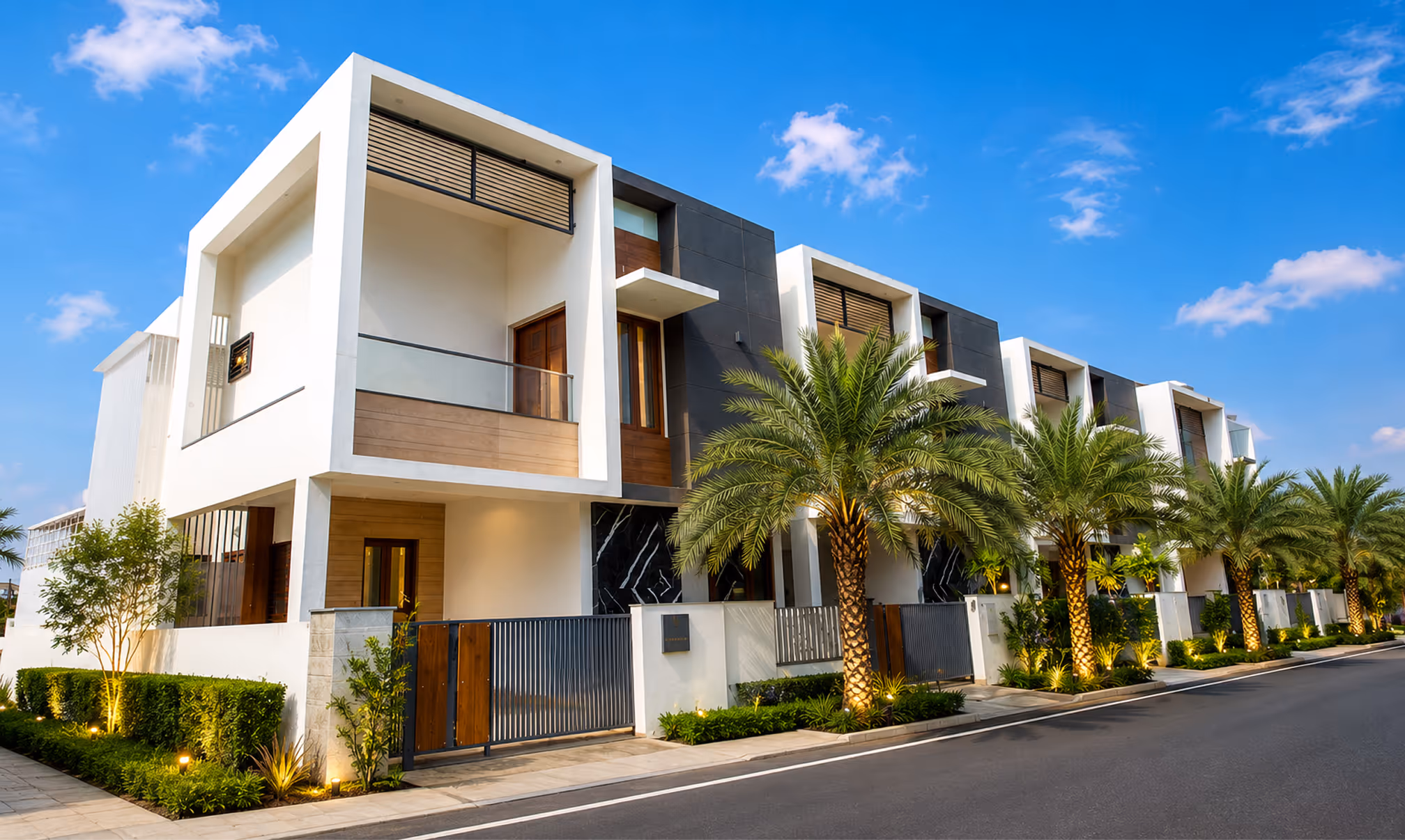 Modern townhouse row with balconies, wood accents, palm trees, and landscaped greenery along a street.