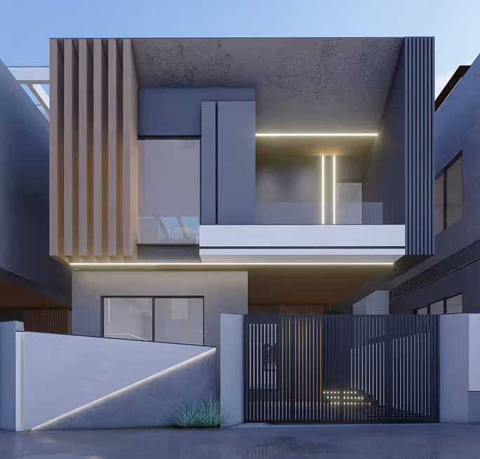 Modern two-story house with geometric design, vertical and horizontal lines, and warm exterior lighting.