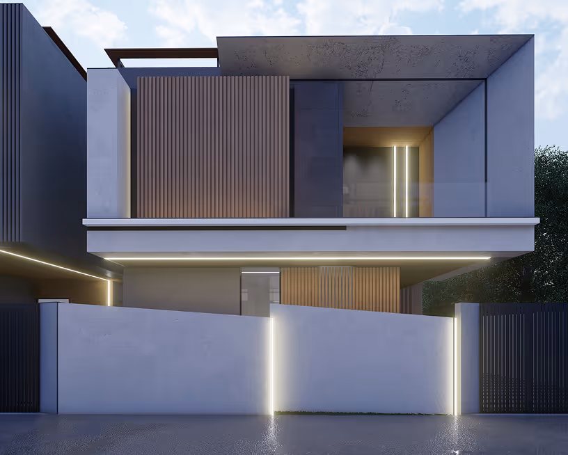 Modern two-story house with wood paneling, large glass windows, and illuminated gates at dusk.