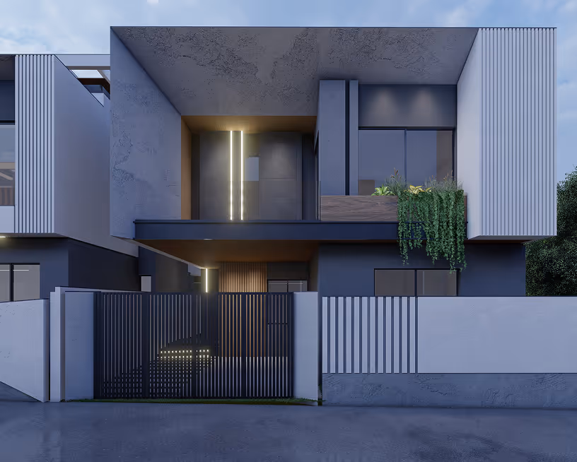 Modern two-story house with vertical light strips, gray walls, and a black metal gate at dusk.
