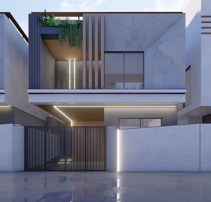 Modern two-story house with gray exterior, vertical slat gate, LED strip lighting, and balcony with plants.
