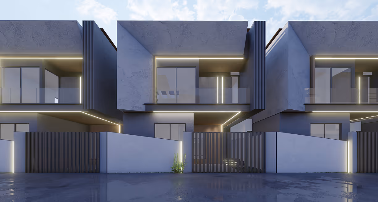 Modern two-story homes with sleek design and illuminated linear lights at dusk.