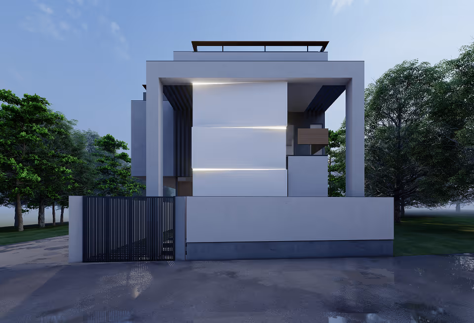 Modern white cubic house with horizontal light strips, gated front, and surrounding trees at dusk.