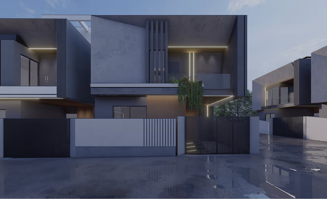 Modern two-story house exterior with gray walls, vertical metal slats, balcony, and ambient lighting.