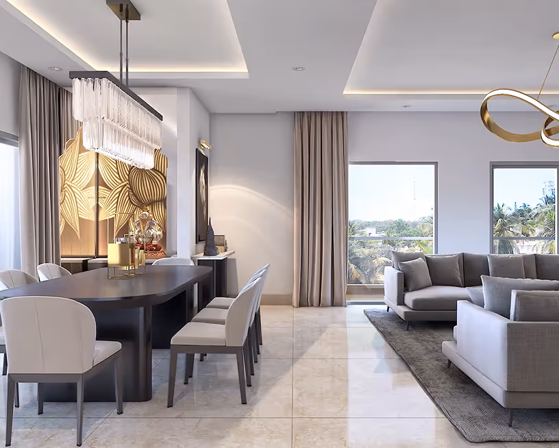 Modern dining and living area with glass table, white chairs, gray sofas, and large windows with beige curtains.