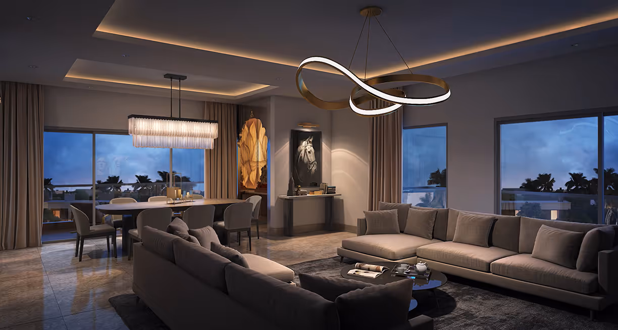 Modern living and dining room with neutral sofas, table, large windows, and elegant lighting at dusk.