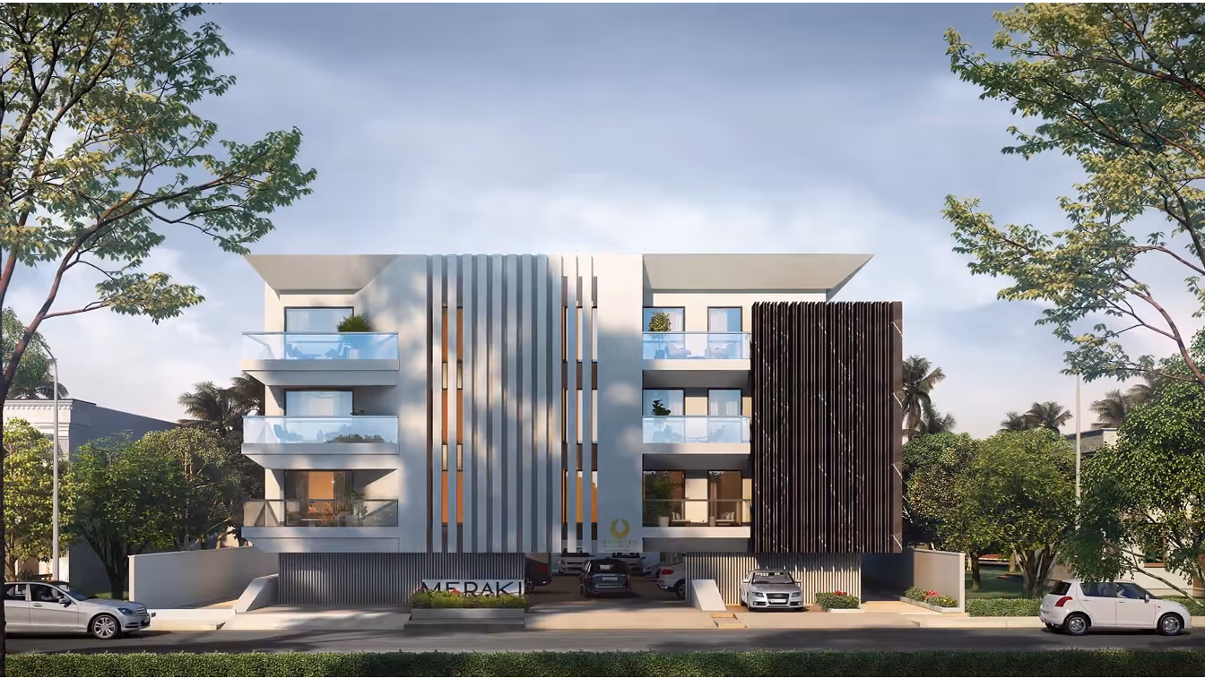 Modern three-story apartment building with balconies, vertical panels, trees, and parked cars in front.