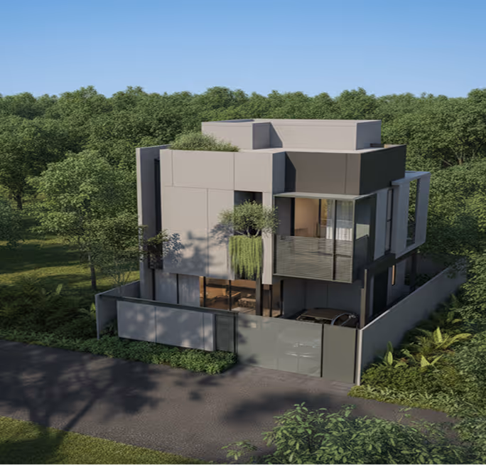 Modern two-story house with gray exterior, balcony, and surrounded by trees and greenery.