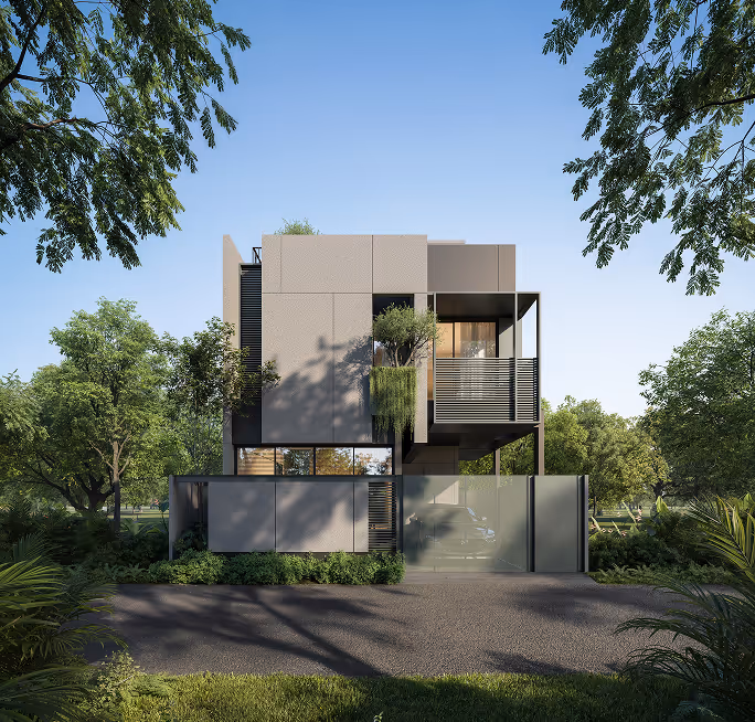 Modern cubic two-story house with balcony and greenery around under a clear blue sky.