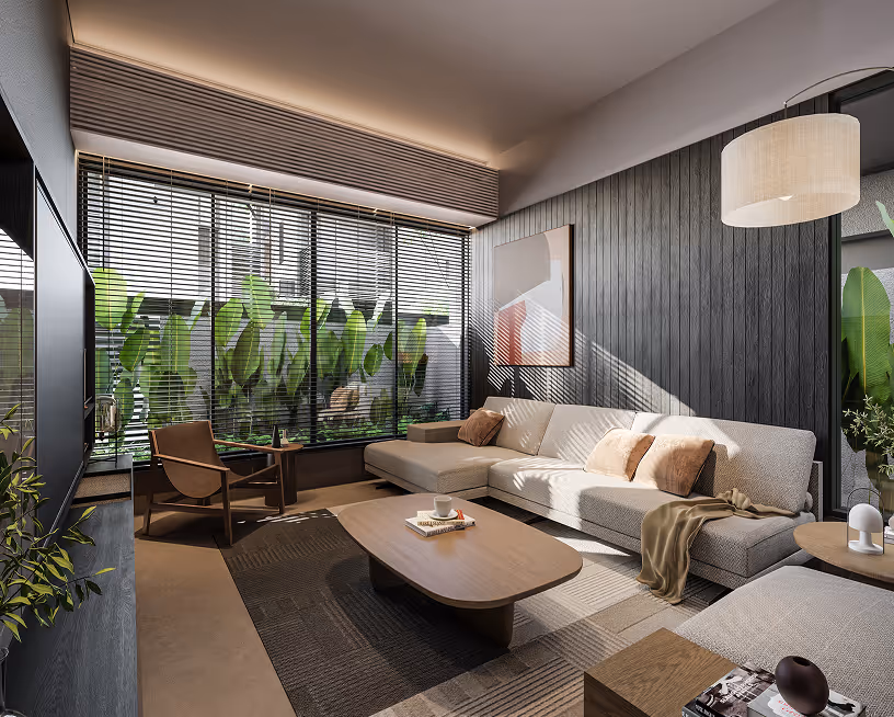 Modern living room with beige sectional sofa, wooden coffee table, brown chair, and large window with blinds.