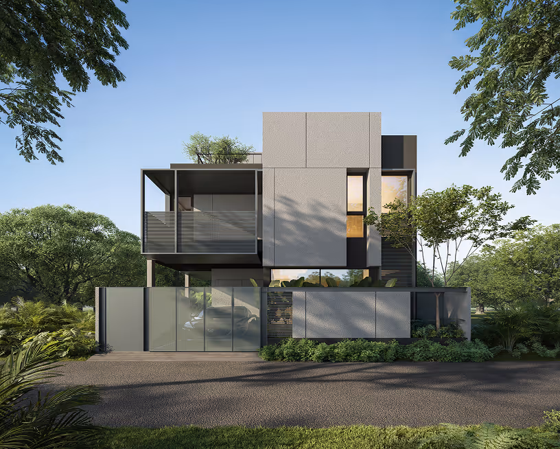 Modern two-story house with gray panels, glass garage door, surrounded by lush green trees.