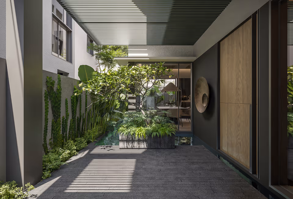 Modern outdoor patio with wood panels, greenery in planters, and slatted roof casting shadows.