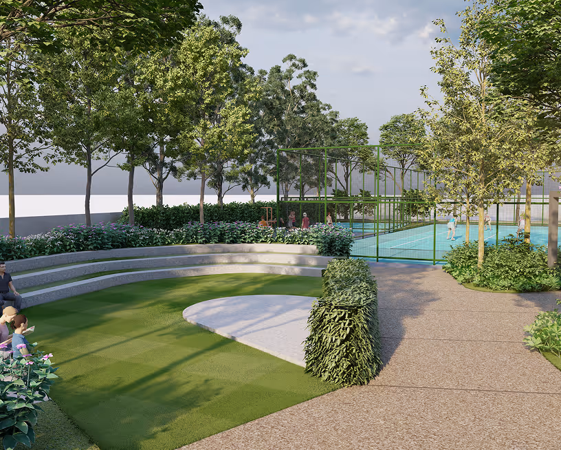 Green public park with tiered concrete seating, trees, plants, and a fenced blue sports court.