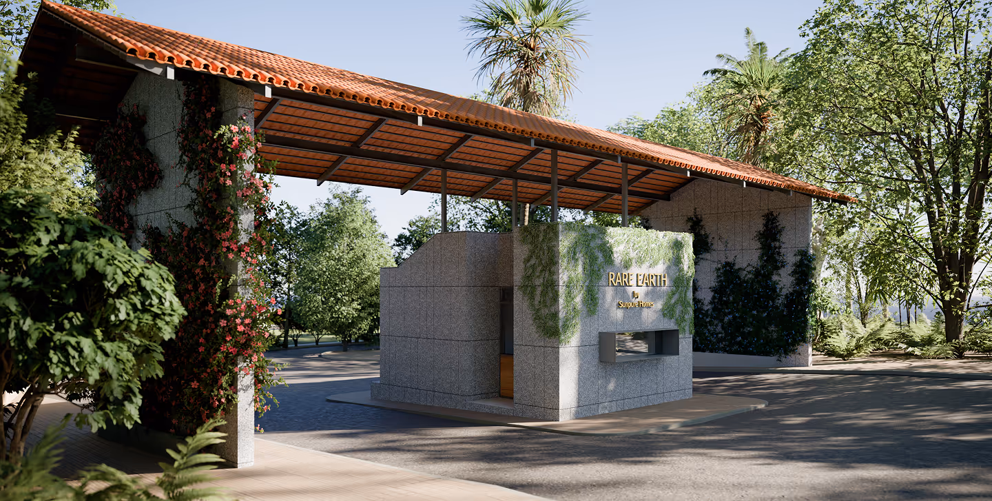 Modern entrance pavilion with tiled roof and stone walls covered by vines, surrounded by lush trees.