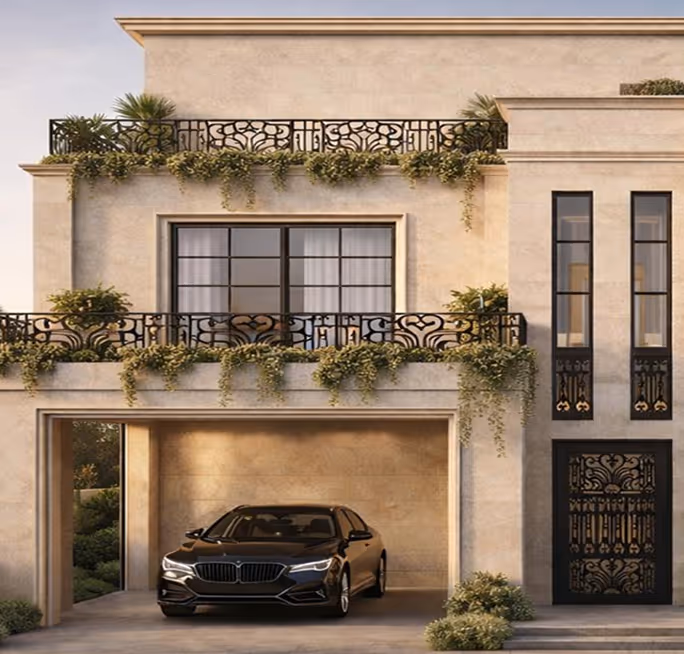 Modern two-story house with beige stone exterior, black wrought iron balconies, and a black car in garage.