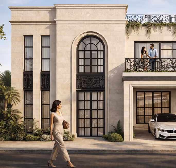 Modern beige stone house with tall windows, a balcony with a couple, a woman walking, and a car in the garage.