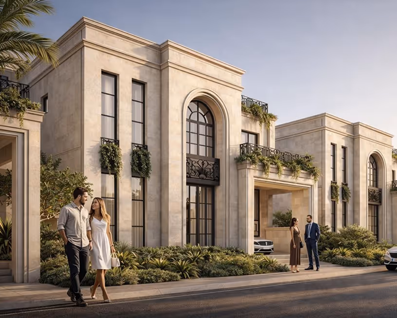 Modern luxury building with tall windows, greenery, and two couples standing and walking outside.