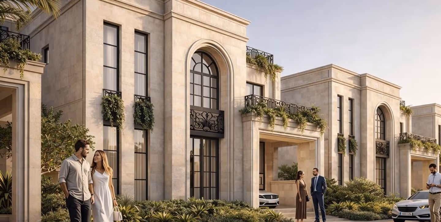Luxury stone villas with large arched windows, greenery, and people walking nearby during daytime.