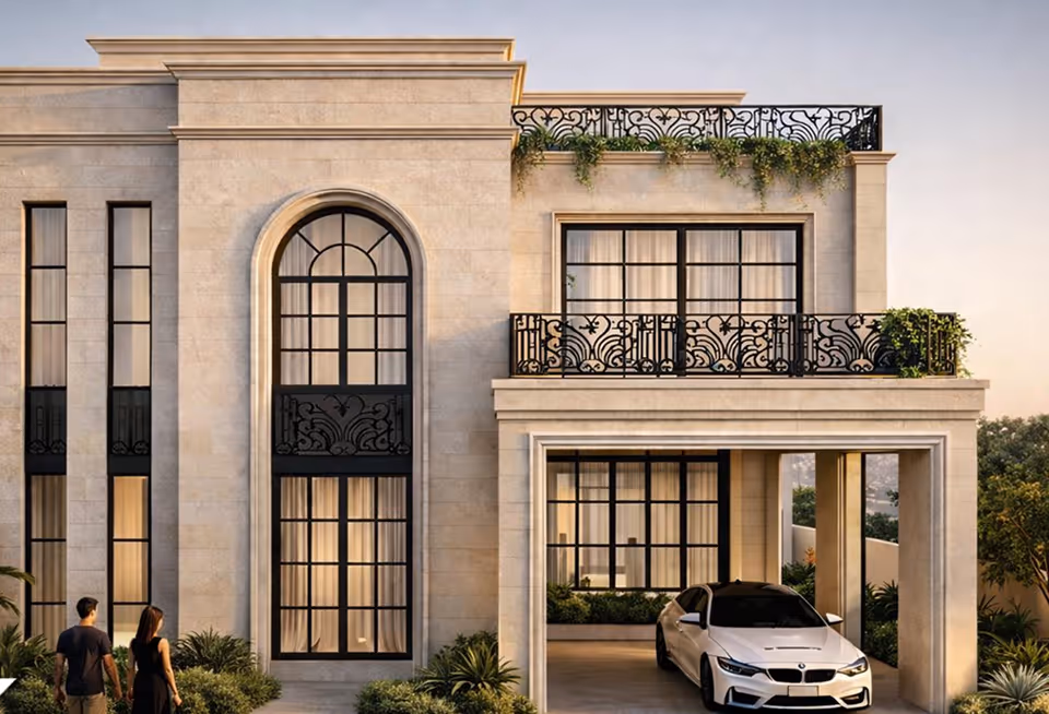 Modern two-story beige house with large windows, black wrought iron balcony, and white car in garage.