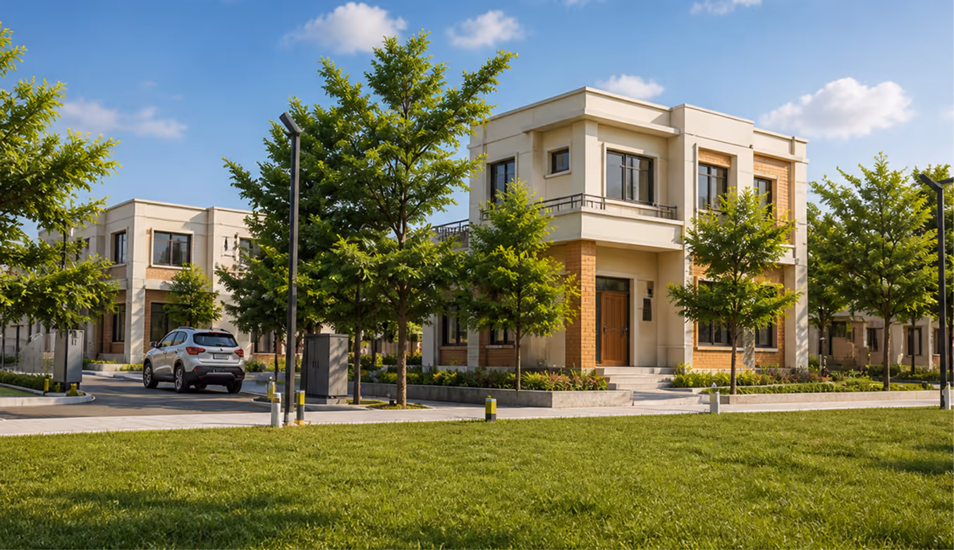 Modern two-story corner house with brick accents, surrounded by green trees and lawn on a sunny day.