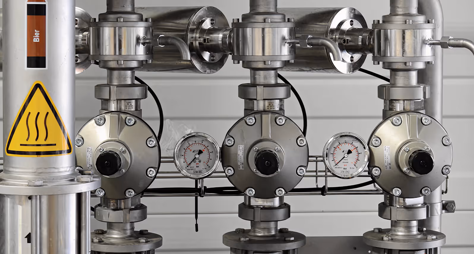 Three stainless steel pressure gauges and valves in an industrial piping system with a hot surface warning sign.