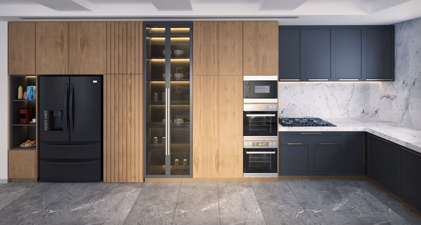 Modern kitchen with black fridge, wood cabinets, glass pantry, built-in ovens, and marble countertops.