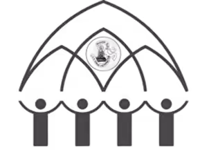 Five stylized figures holding hands beneath an arch and a circular emblem with a tree image.