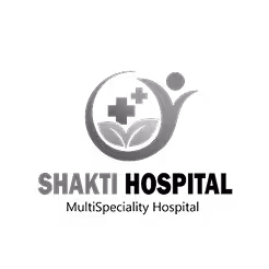 Logo of Shakthi Hospital with a cross, human figure, and open book design.