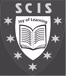 Shield emblem with SCIS letters, stars, and an open book labeled Joy of Learning.