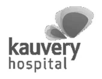 Kauvery Hospital logo with stylized three petal shapes above the text.