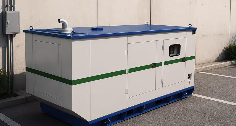 Large outdoor industrial generator with blue top and green stripe against a concrete wall.