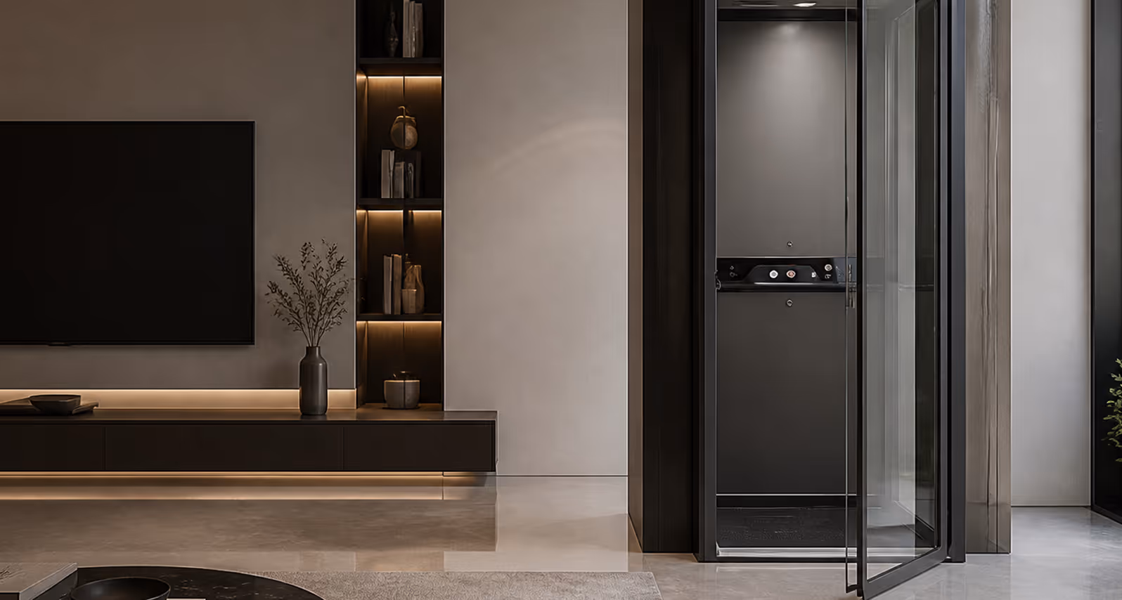 Modern living room with wall-mounted TV, decorative shelves, and a glass-door elevator.