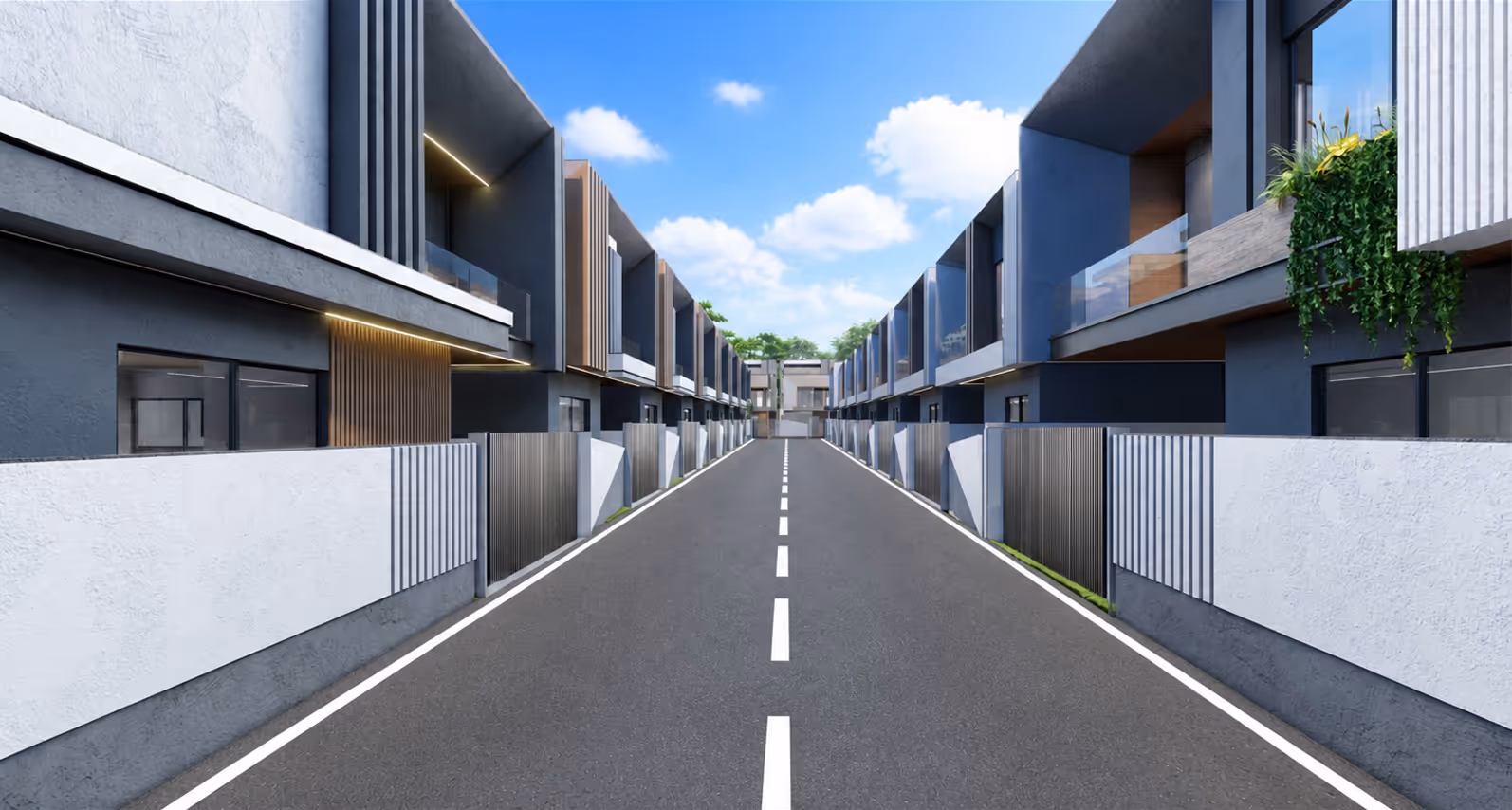 Modern townhouses with dark gray facades along a clean, paved central road under a blue sky.