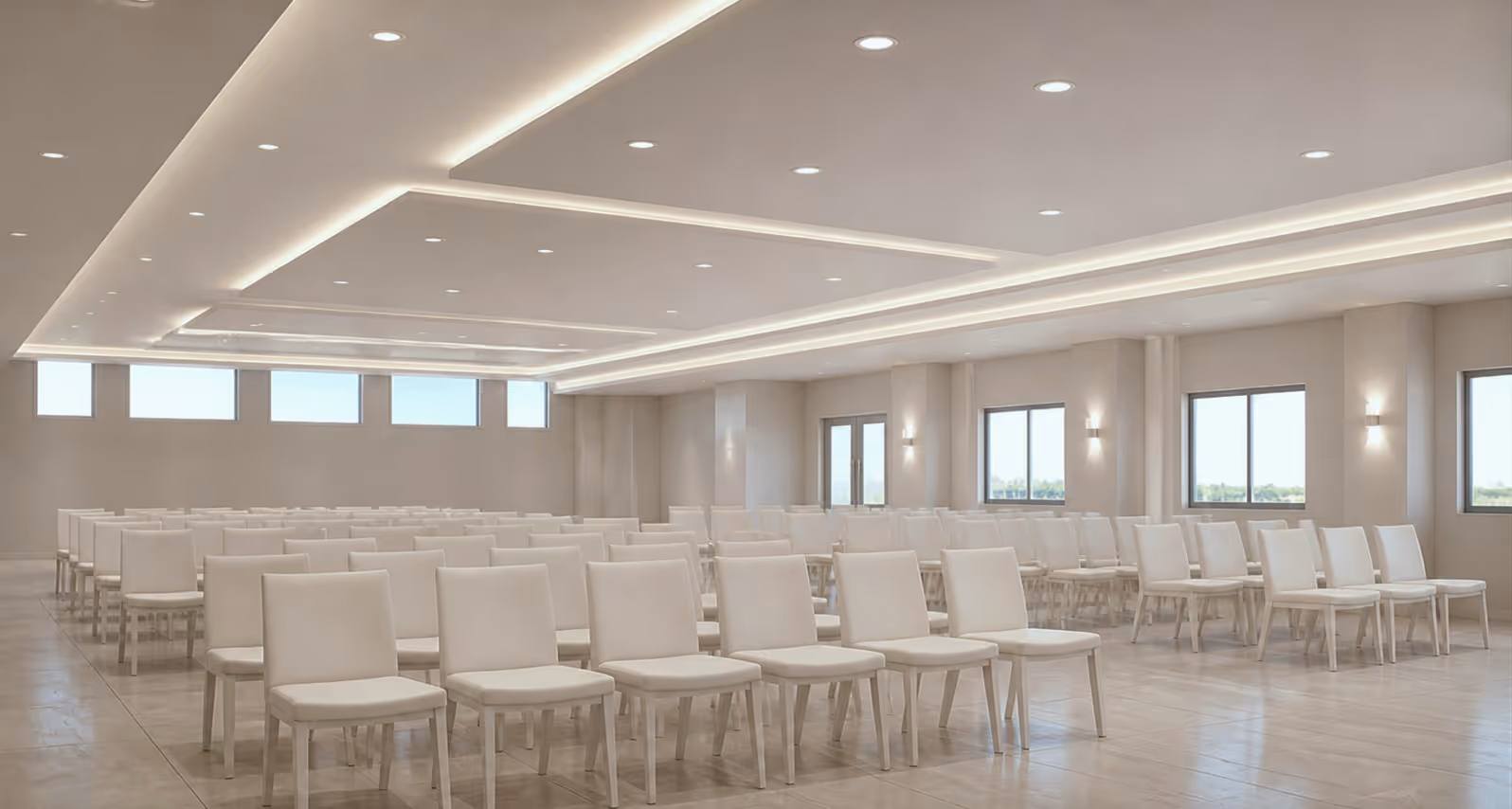 Bright conference hall with rows of beige chairs, large windows, and ceiling spotlights.