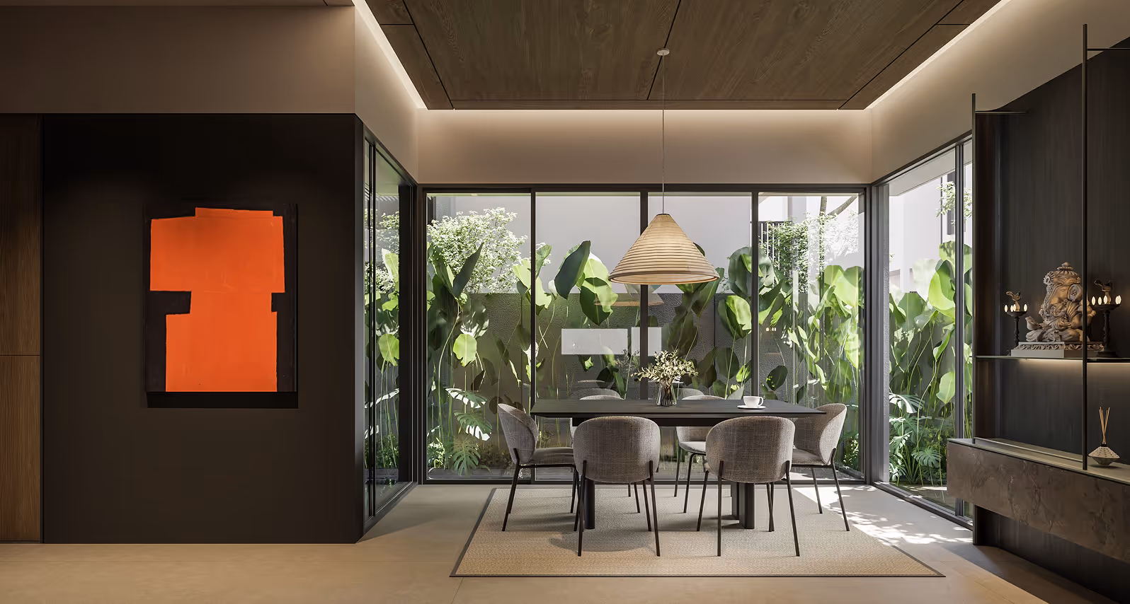 Modern dining room with glass walls, six chairs around a table, garden view, and warm pendant light.