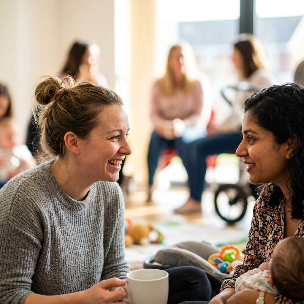 Two mothers laughing together over coffee at a Bloom meet-up, one holding a baby