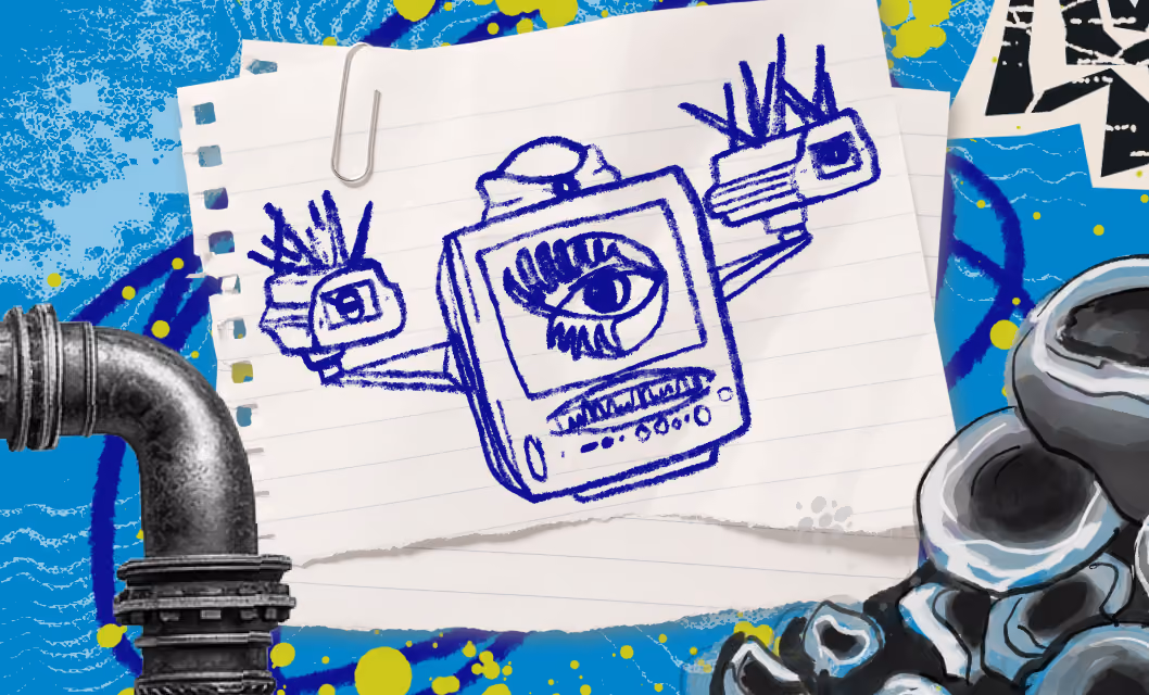 Blue ink sketch of a TV with an eye on screen and security cameras for hands on torn notebook paper.