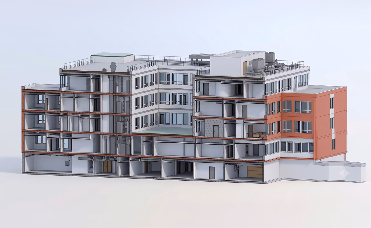 Cutaway view of a multi-story building model showing floors, rooms, and structural elements.